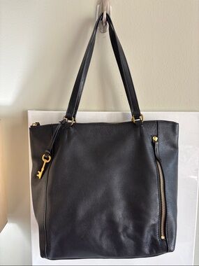 Fossil Black Leather Tote with Gold Accents